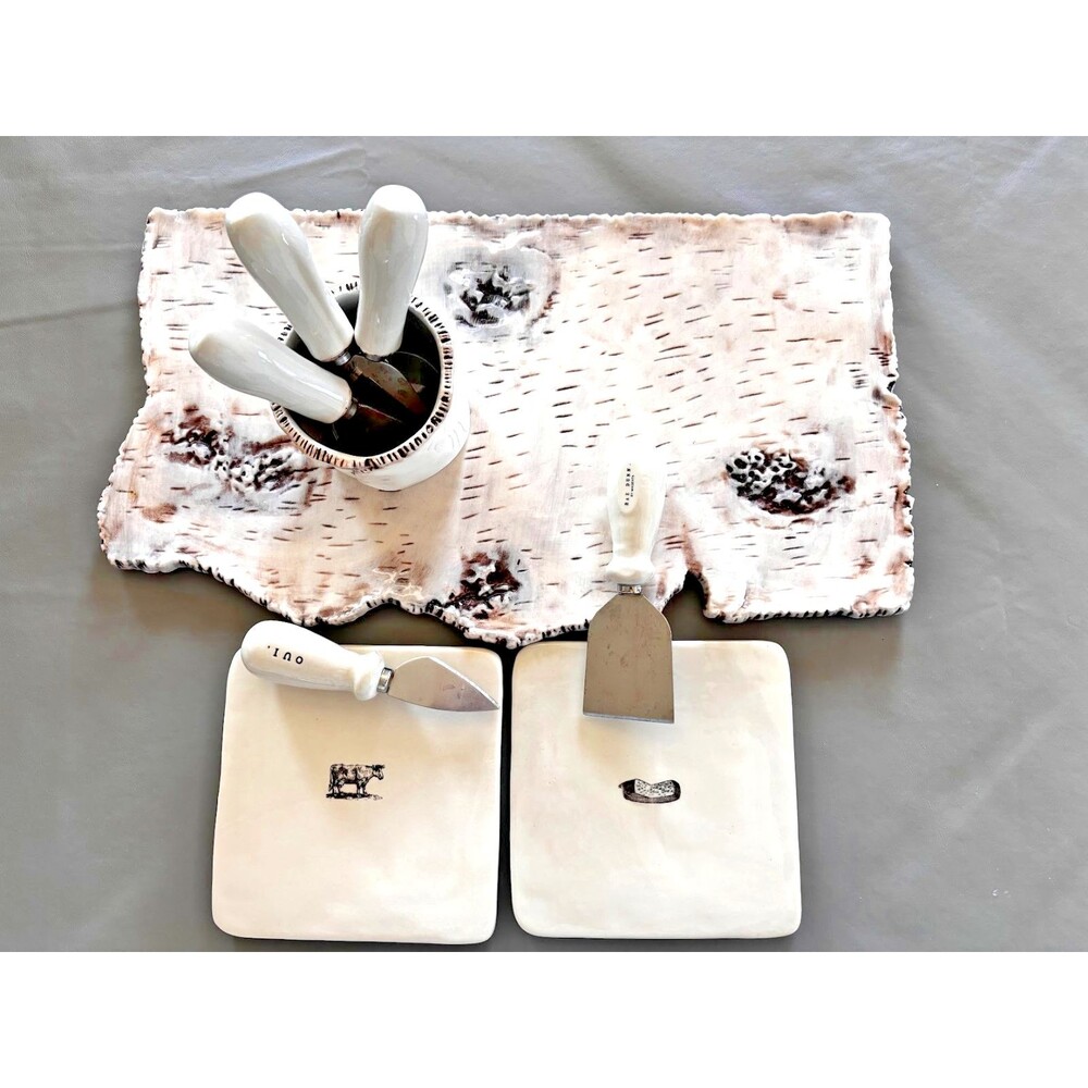 Rustic Ceramic Cheese Knives Set of 5 + Birch Charcuterie Board + Farmhouse Cow